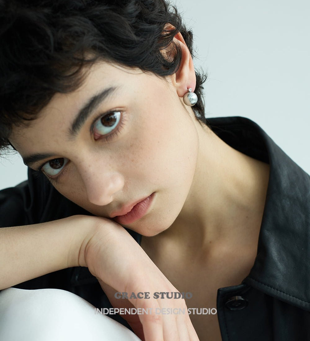 Classic Grey Pearl Drop Stud Earrings