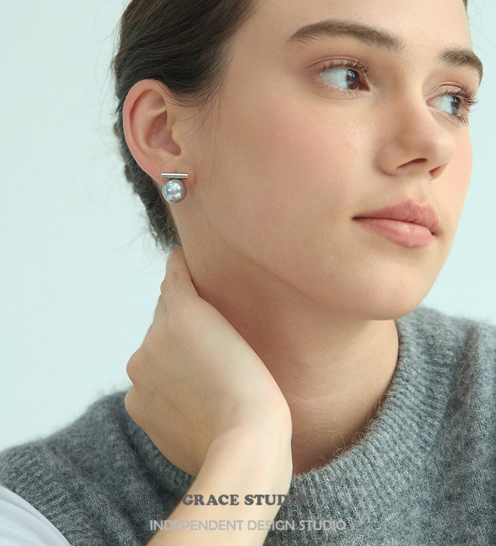 Minimalist Bar Pearl Stud Earrings