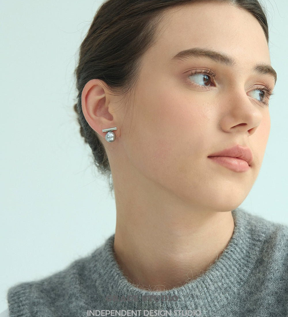 Minimalist Bar Pearl Stud Earrings