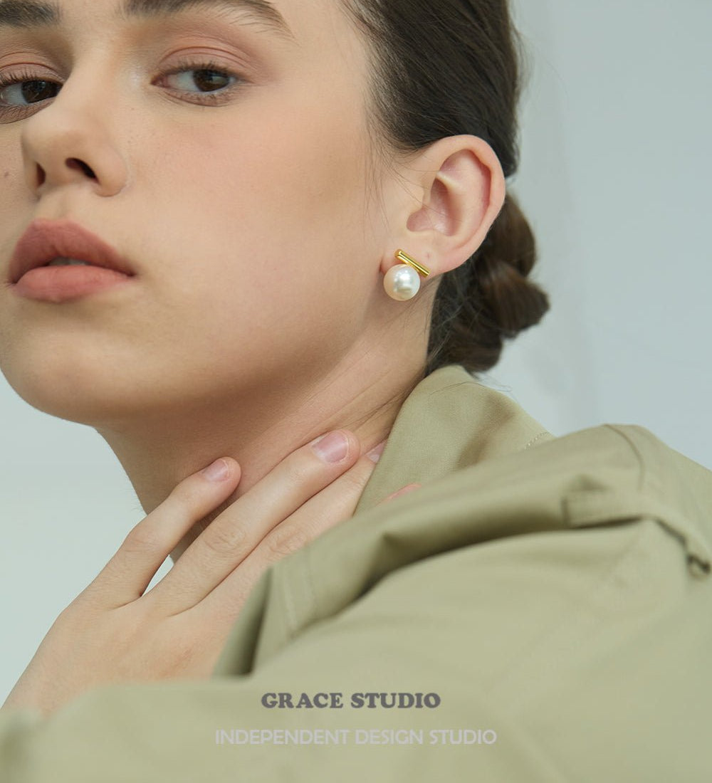 Minimalist Bar Pearl Stud Earrings