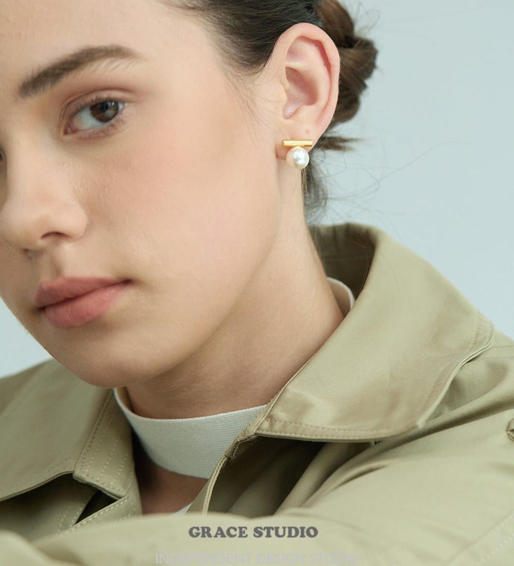 Minimalist Bar Pearl Stud Earrings