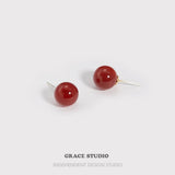 Classic Red Agate Sphere Stud Earrings
