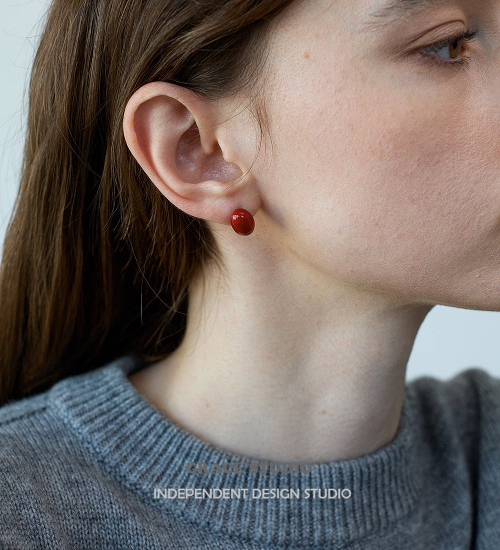 Scarlet Oval Stud Earrings