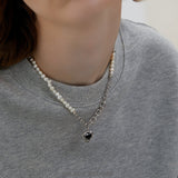 Black Heart Pendant Asymmetry Pearl-Chain Necklace