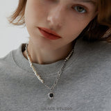 Black Heart Pendant Asymmetry Pearl-Chain Necklace