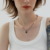 Black Heart Pendant Asymmetry Pearl-Chain Necklace