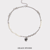 Black Heart Pendant Asymmetry Pearl-Chain Necklace
