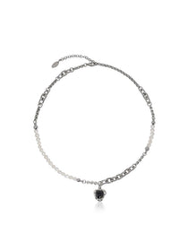 Black Heart Pendant Asymmetry Pearl-Chain Necklace - Grace Studio