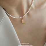 Celestial Crescent Pearl Pendant Necklace