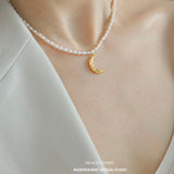 Celestial Crescent Pearl Pendant Necklace