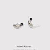 Silver Curved Teardrop Earrings with Black Resin