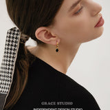Dual Charm Drop Hoop Earrings Black Resin Zircon