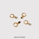 Dual Charm Drop Hoop Earrings Black Resin Zircon