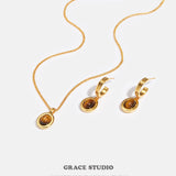 Tiger Eye Oval Drop Hoop Earrings