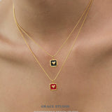 Enamel Heart Square Pendant Necklace