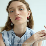 Red Stone Ribbed Oval Drop Earrings