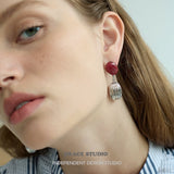 Red Stone Ribbed Oval Drop Earrings
