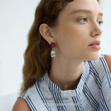 Red Stone Ribbed Oval Drop Earrings