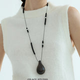 Organic Wood Teardrop Long Cord Necklace