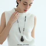 Organic Wood Teardrop Long Cord Necklace