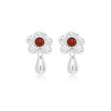 Coral Blossom Silver Teardrop Earrings